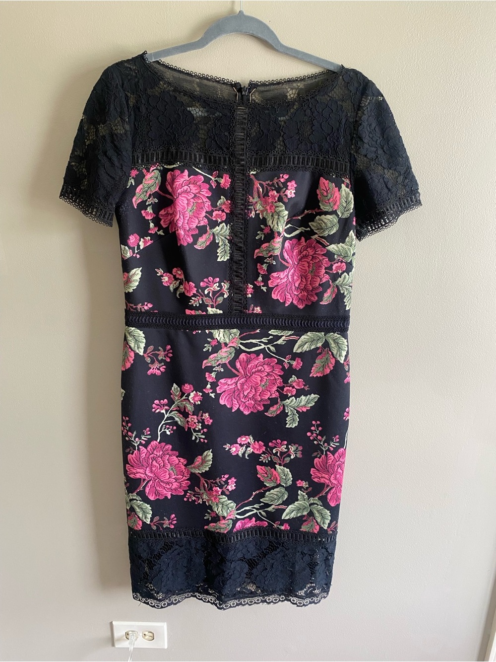 Tadashi Shoji Black Lace Midi Dress with Pink Floral Embroidery - Picture 4 of 13